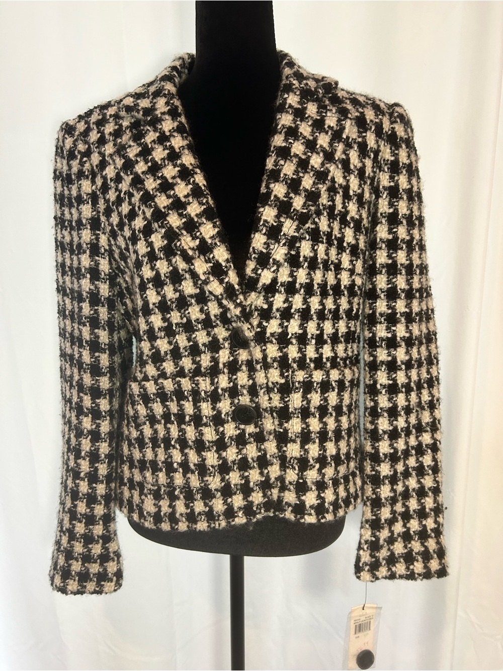 NWT Rafaella Petites 8P Black Cream Wool Blend Novelty Check Jacket Blazer